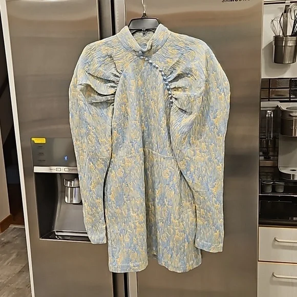 💕ROTATE💕 Button-Detailed Ruched Crinkled-Jacquard Mini Dress Angel Fall 8 NWOT - Picture 12 of 16